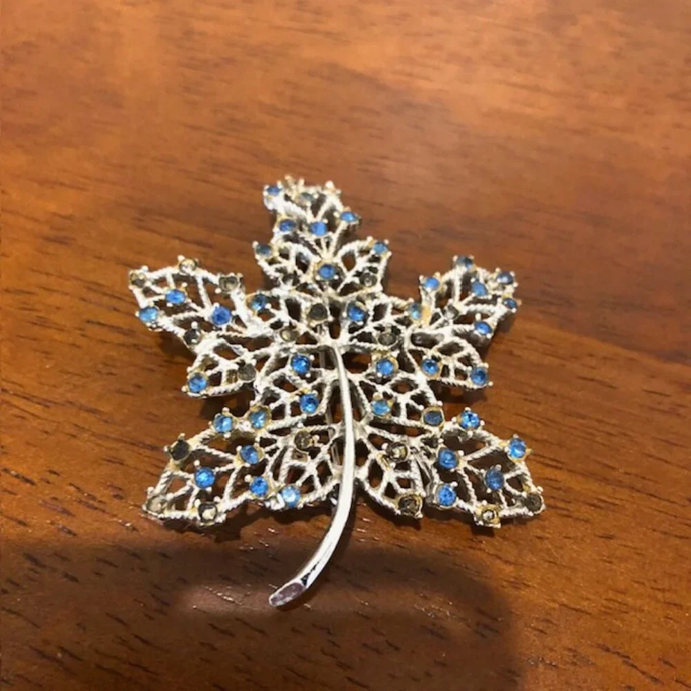 Silver Tone Blue Rhinestone Oversized Leaf Brooch Pin